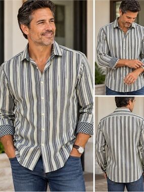 Thomas Dean Striped Button-Down Shirt - Blue, Green, White with Flip cuff XXL